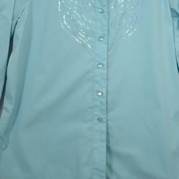 Bob Mackie | Cotton Sequin Shirt Blouse Light Blue Button Front | Size L - Picture 3 of 8